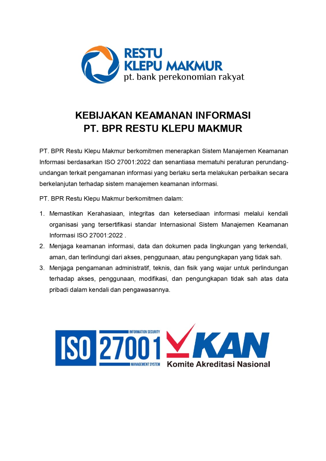 Kebijakan Keamanan Informasi PT. BPR Restu Klepu Makmur